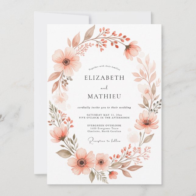 Peach Delicate Watercolor Spring Wedding Invitation (Front)