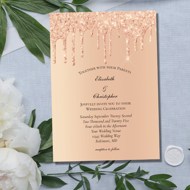 Peach Dripping Glitter Trendy Glam Bling Wedding Invitation (Creator Uploaded)