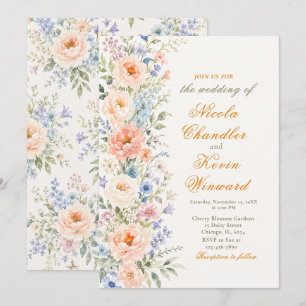 Peach & Dusty Blue Floral Wedding Invitation