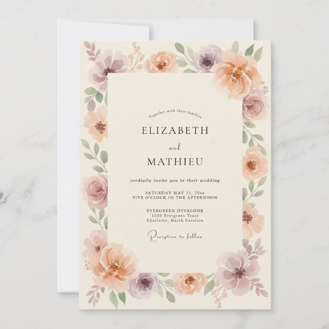 Peach Dusty Mauve Peony Wedding Invitation (Front)