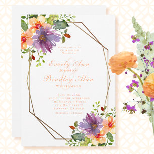 Peach Dusty Purple Green Floral Wedding Invitation
