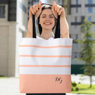 Peach Elegant Feminine Striped Monogram Tote Bag