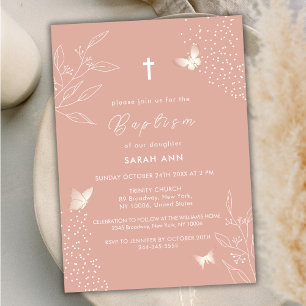 Peach Elegant Leaves Butterfly Cross Baptism Invitation