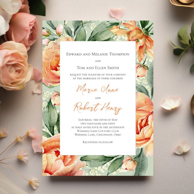 Peach Elegant Watercolor Floral Wedding Invitation (Elegant peach floral wedding save the date photo card)