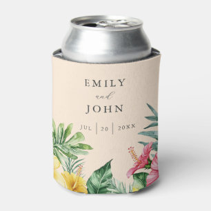 Peach Elegant Watercolor Tropical Floral Wedding Can Cooler