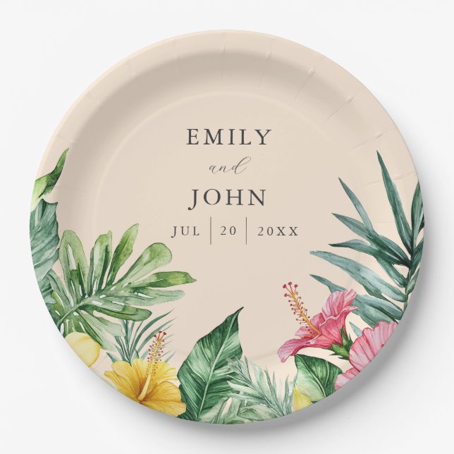Peach Elegant Watercolor Tropical Floral Wedding Paper Plate (Front)