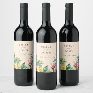 Peach Elegant Watercolor Tropical Floral Wedding Wine Label