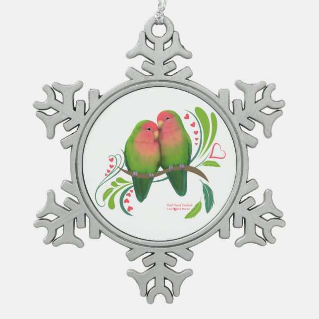 Peach Faced Love Birds Snowflake Pewter Christmas Ornament (Front)