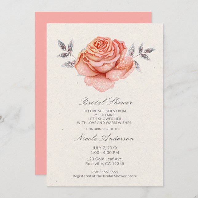 Peach Fairy Tale Glitter Rose Leaves Bridal Shower Invitation (Front/Back)