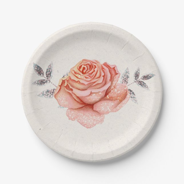 Peach Fairy Tale Glitter Rose Leaves Bridal Shower Paper Plate (Front)