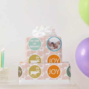 Peach Family Photo Reindeer Christmas Merry Bright Wrapping Paper