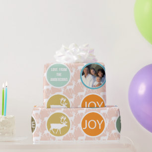 Peach Family Photo Reindeer Christmas Merry Bright Wrapping Paper