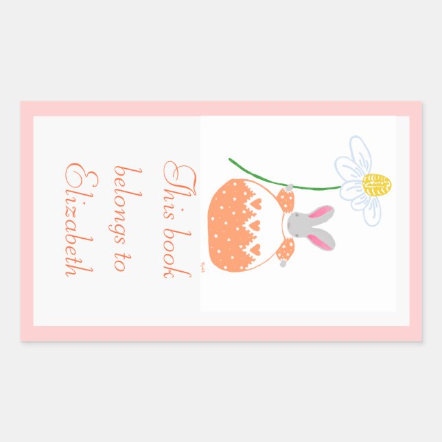 Peach fifi daisy bunny bookplate rectangular sticker (Front)
