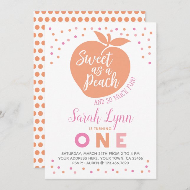Peach First Birthday Invitation (Front/Back)