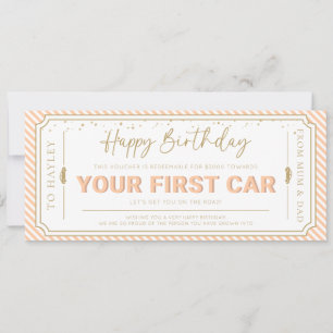 Peach First Car Birthday Gift Voucher Card