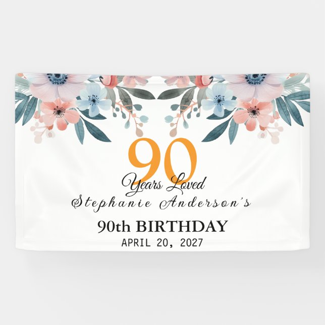  Peach Floral 90th Birthday 90 Years Loved Banner (Horizontal)