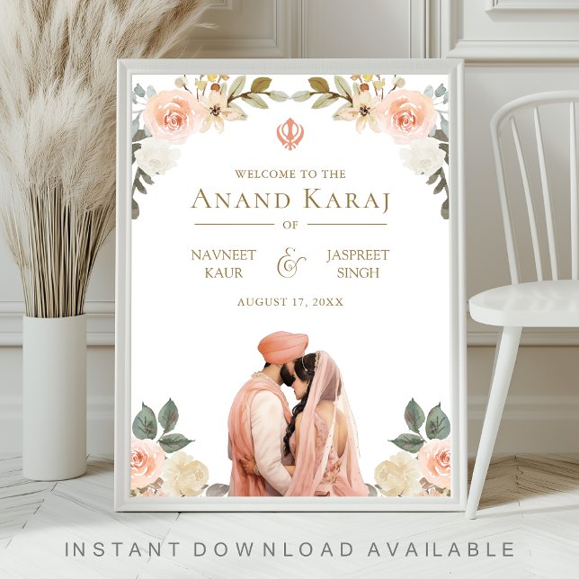 Peach Floral Anand Karaj Sikh Wedding Welcome Sign (Creator Uploaded)