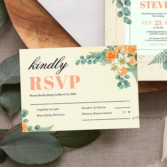 Peach Floral and Eucalyptus Greenery Wedding RSVP Card (Peach Floral and Eucalyptus Greenery Wedding RSVP Card)