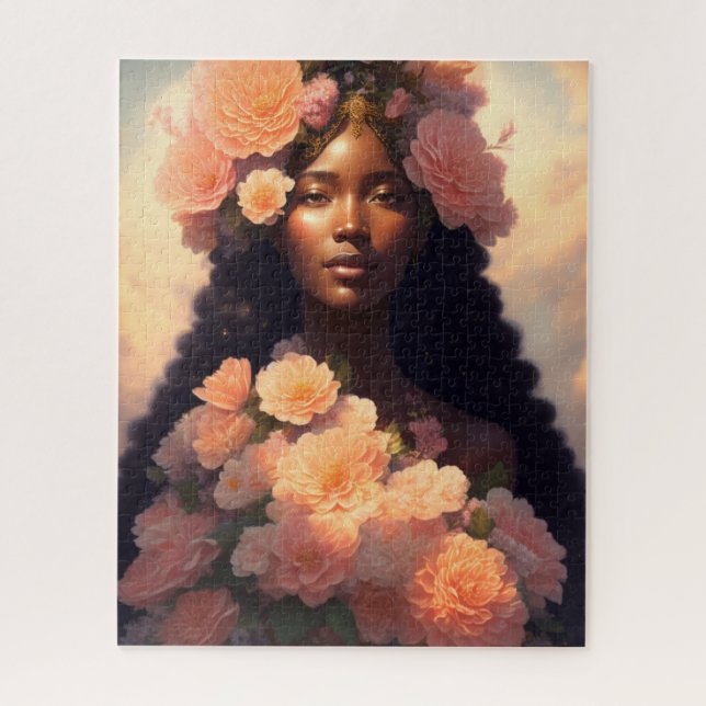 Peach Floral Black Woman Jigsaw Puzzle (Vertical)
