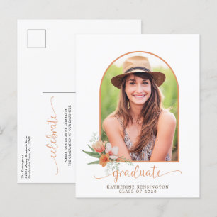 Peach Floral Boho Arch Photo Graduation Party Announcement Postcard