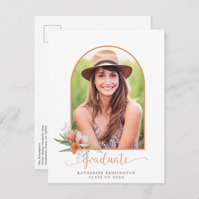Peach Floral Boho Arch Photo Graduation Party Announcement Postcard (Front/Back)