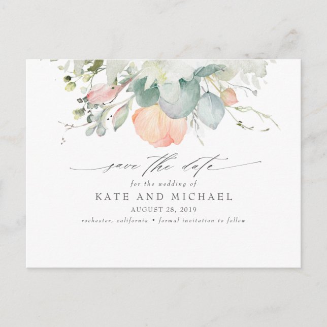 Peach Floral Boho Save the Date Postcard (Front)