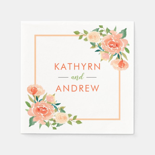 Peach Floral Border | Wedding Napkin (Front)