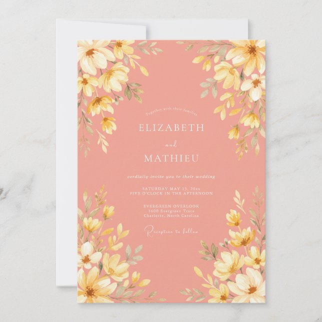 Peach Floral Botanical Wedding Invitation (Front)
