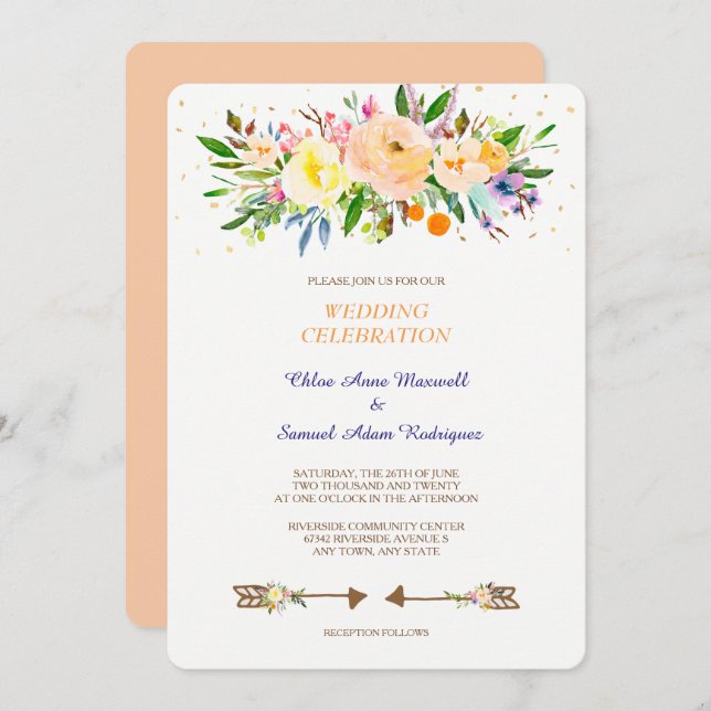 Peach Floral Bouquet Wedding Invitation (Front/Back)