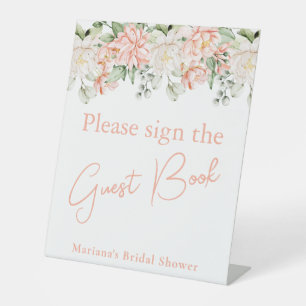 Peach Floral Bridal Shower Guest Book Table Pedestal Sign