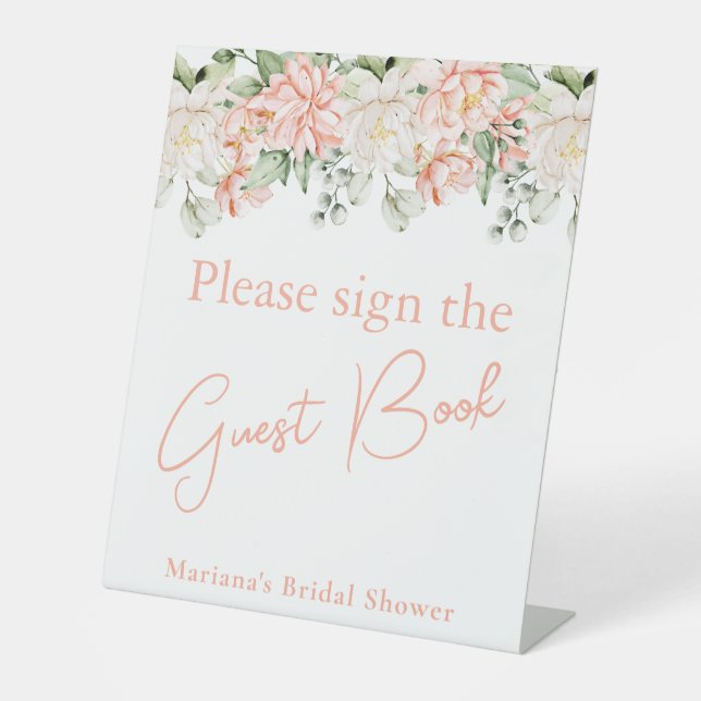 Peach Floral Bridal Shower Guest Book Table Pedestal Sign (Front)