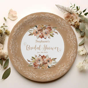 Peach Floral Bridal Shower Nut Shell Brown Paper Plate