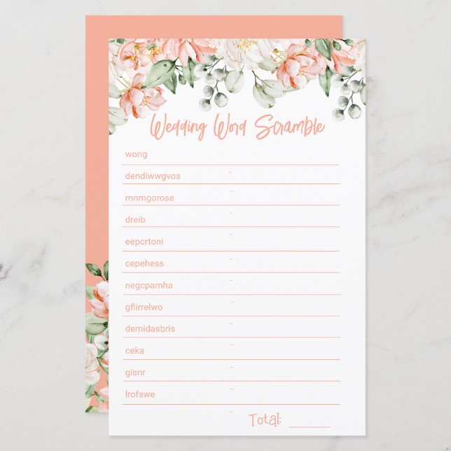 Peach Floral Bridal Shower Word Scramble Game Card (Front/Back)