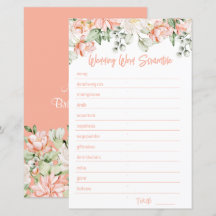 Peach Floral Bridal Shower Word Scramble Game Card