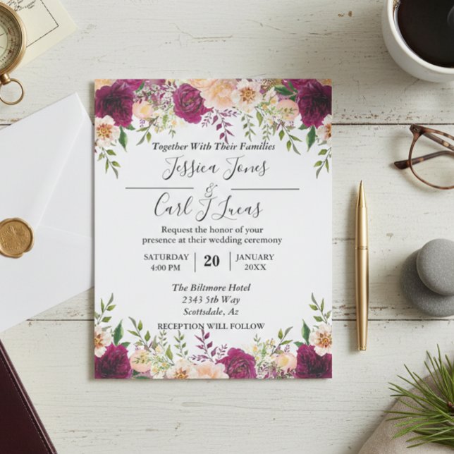 Peach Floral Burgundy Watercolor Autumn Budget  Flyer (Creator Uploaded)