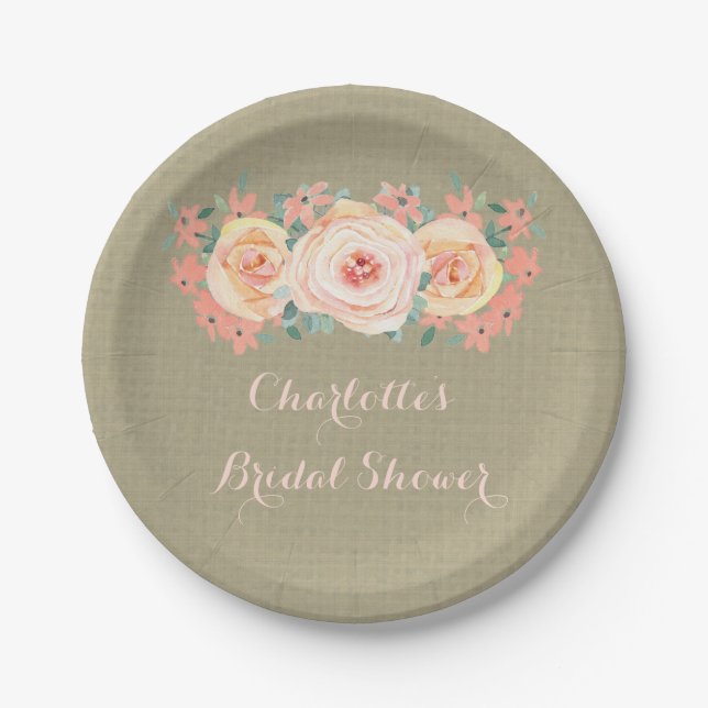 Peach Floral Burlap Bridal Shower Plate (Front)