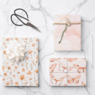 Peach Floral Butterflies Birthday Wrapping Paper Sheet