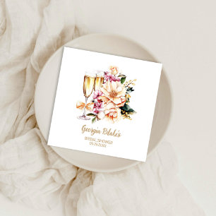 Peach Floral Champagne Glass Bridal Shower Napkin