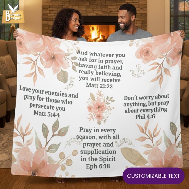 Peach Floral Christian PRAYER  Fleece Blanket (Christian Scripture Floral Prayer Blanket with CUSTOMIZABLE TEXT to add your favorite Bible verses)