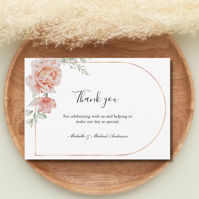 Peach Floral Classic Formal Wedding Thank you  Card (Watercolor Peach Floral Rose Gold Arch Wedding Thank you cards)