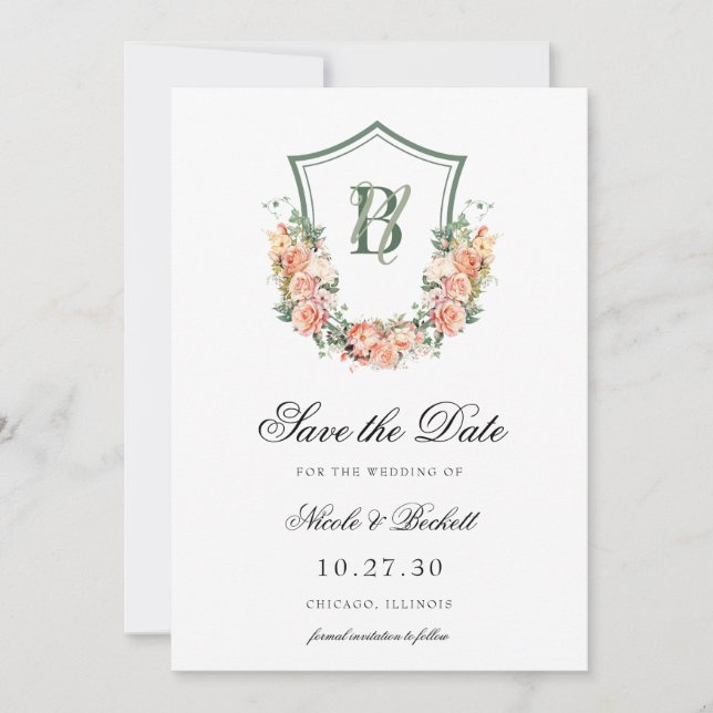 Peach Floral Crest Wedding Save The Date (Front)