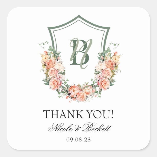 Peach Floral Crest Wedding Thank You Square Sticker (Front)