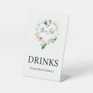 Peach Floral Drinks Baby Shower  Pedestal Sign