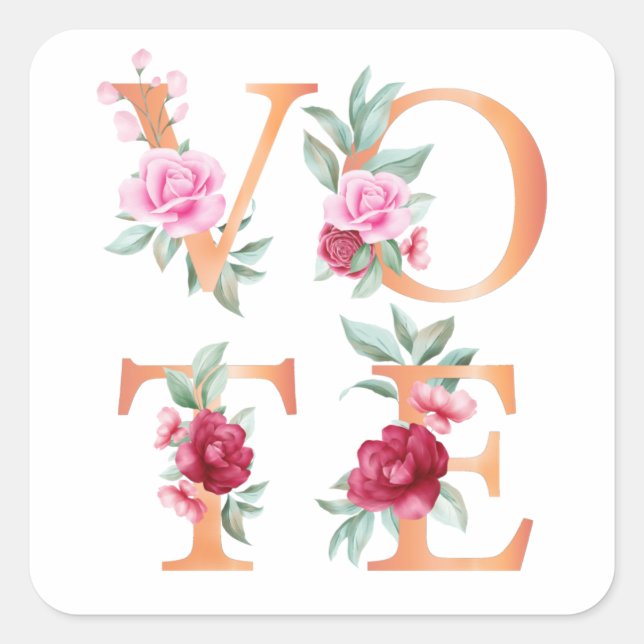 Peach Floral Elegant Feminine Go Vote Square Sticker (Front)