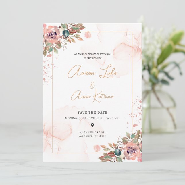 Peach Floral Elegant Modern Wedding Invitation (Standing Front)