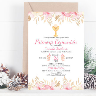 Peach Floral First Communion  Elegant Chalice Invitation