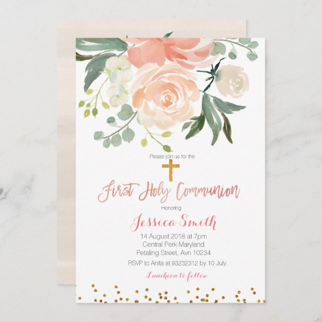 Peach floral First Communion Invitation (Front/Back)