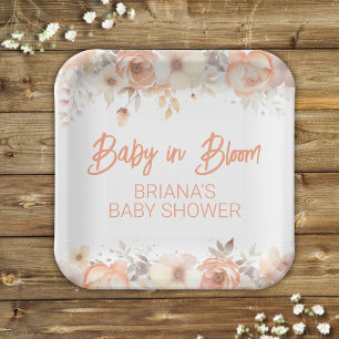 Peach Floral Gender Neutral Baby Shower Paper Plate
