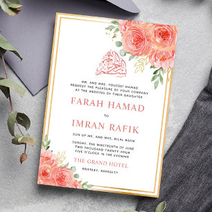 Peach Floral Gold Frame Islamic Muslim Wedding Invitation