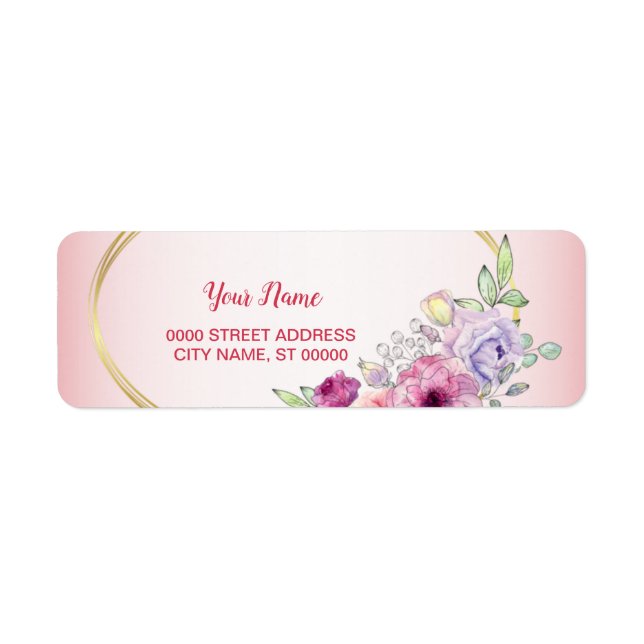 Peach Floral Gold Geometric Wedding Return Address Label (Front)